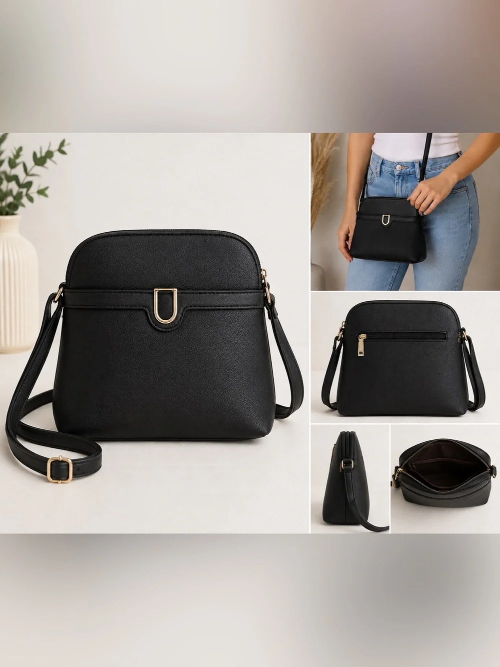Black Crossbody Bag Faux Leather Shoulder Purse Gold Hardware